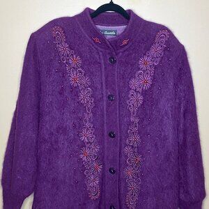 Luxurious Vintage Apres Ski Bunny Lee Sands Eggplant Purple Oversized Sweater